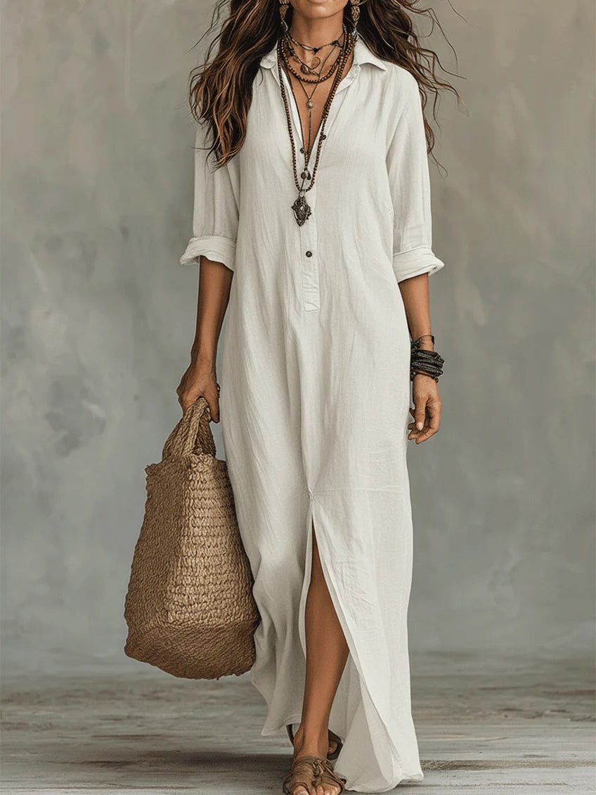 LIA™ | Abito Maxi Nero Lungo con Bottoni
