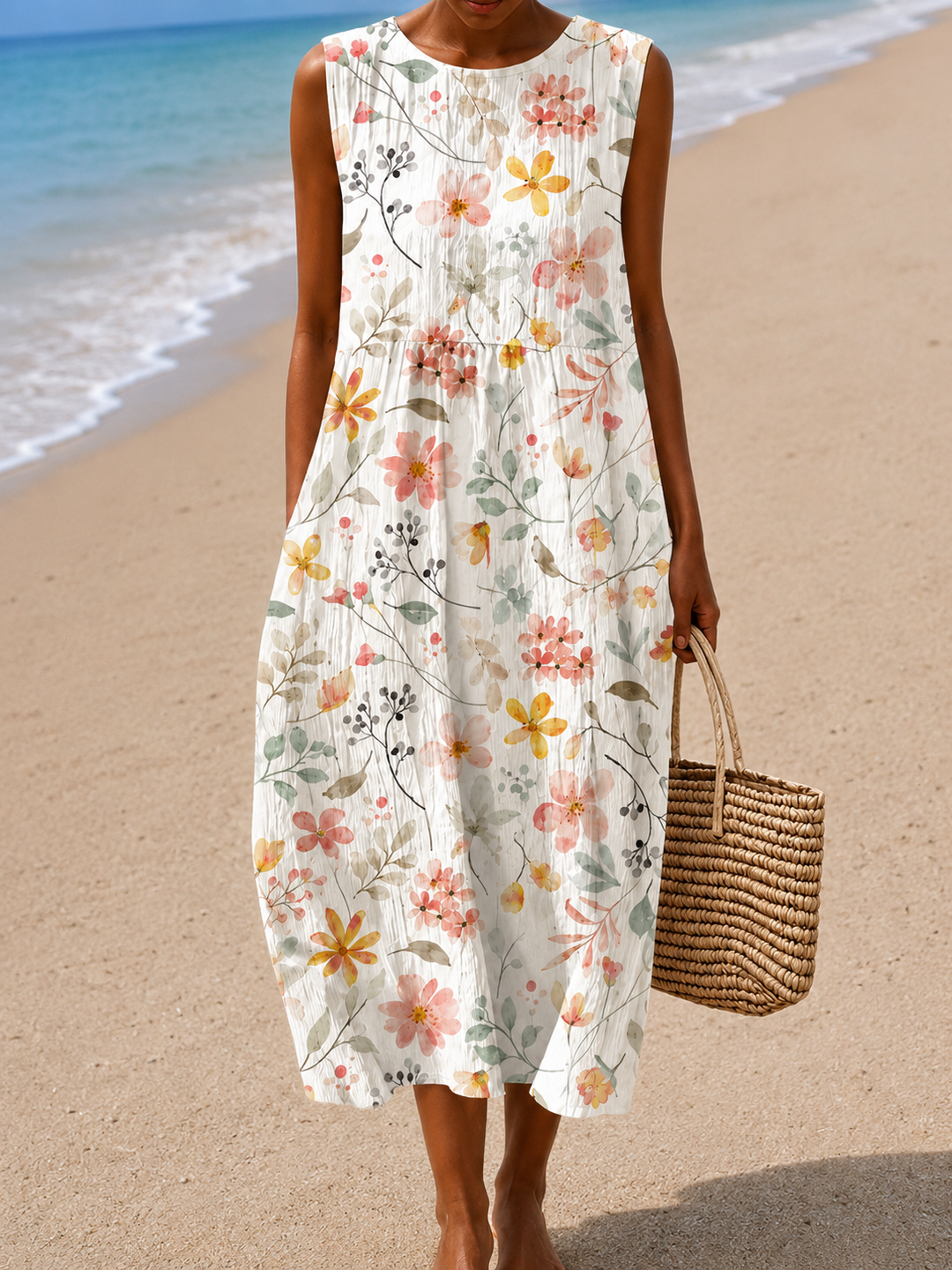 Donna - Abito Midi Casual Senza Maniche con Stampa da Donna