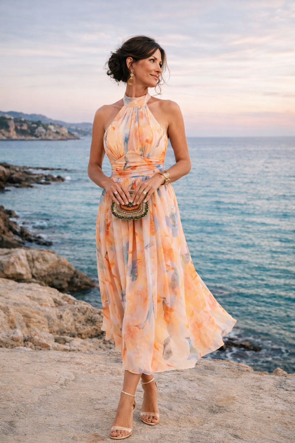 AURELIA | Abito con scollo Halter e Stampa Acquerello