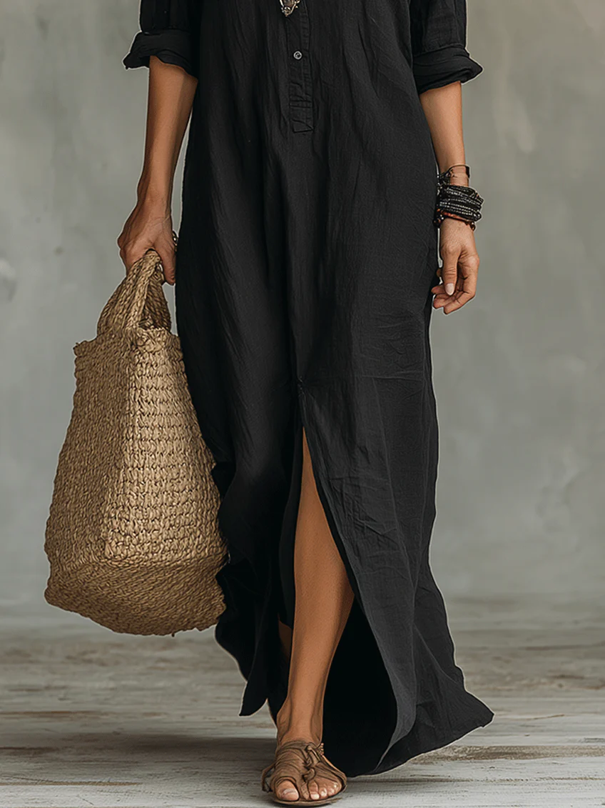 LIA™ | Abito Maxi Nero Lungo con Bottoni