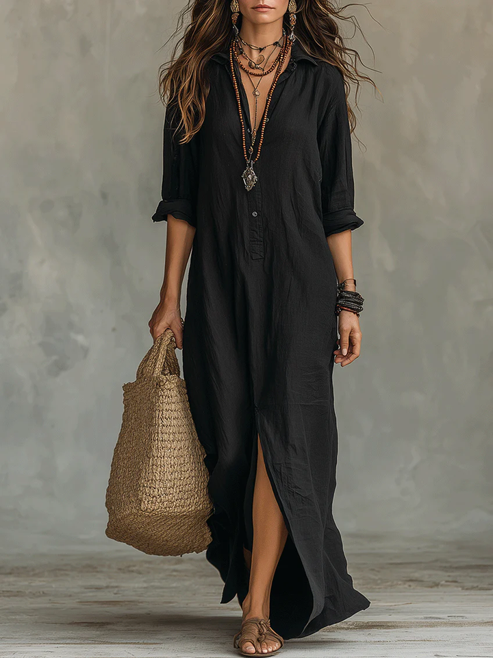 LIA™ | Abito Maxi Nero Lungo con Bottoni