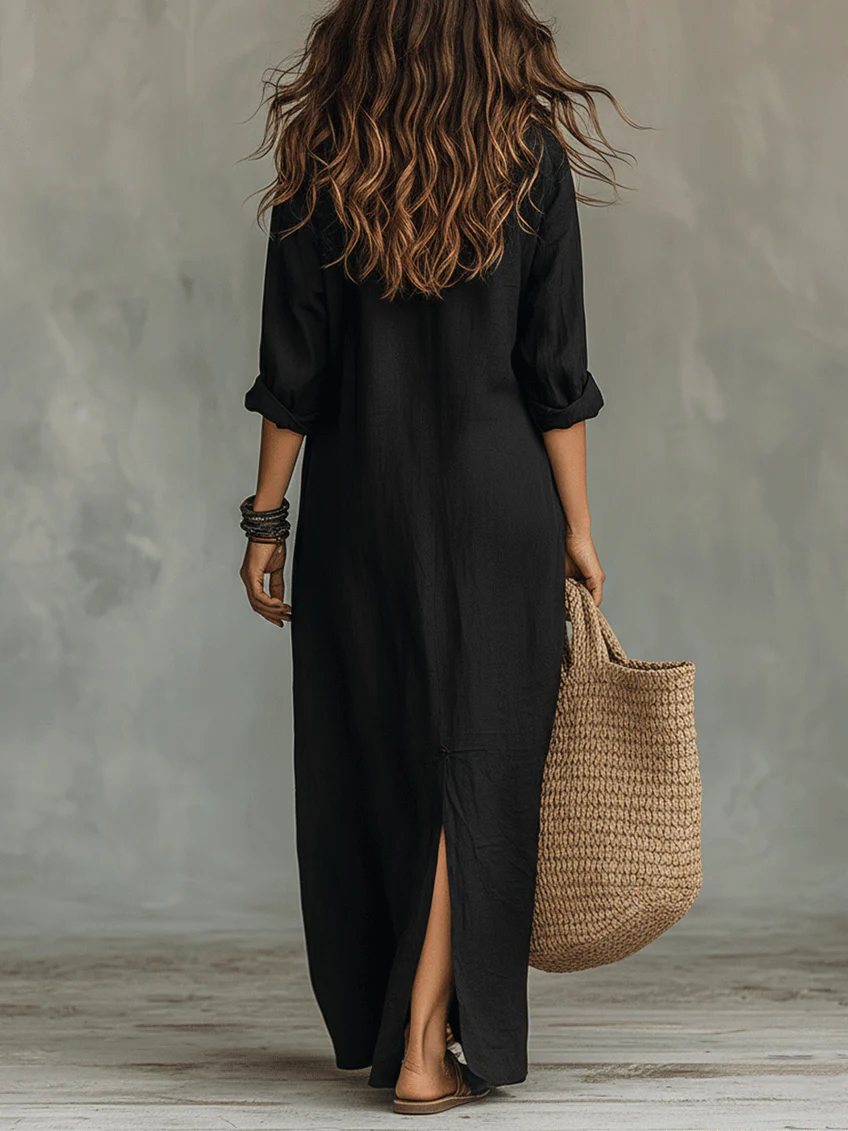 LIA™ | Abito Maxi Nero Lungo con Bottoni