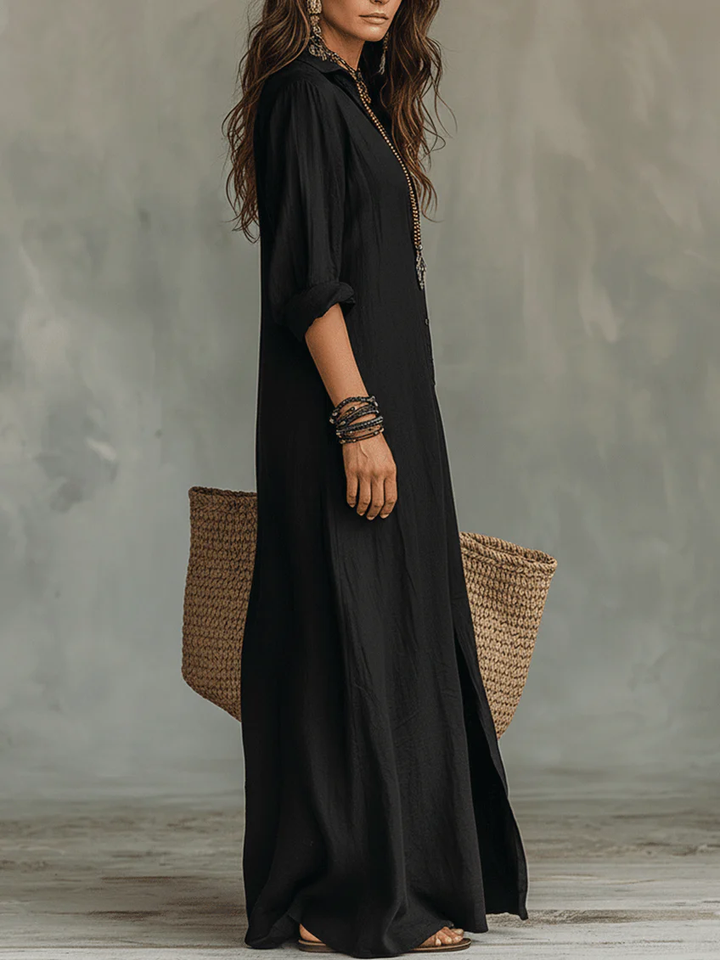 LIA™ | Abito Maxi Nero Lungo con Bottoni