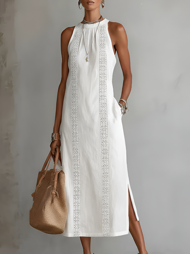 Matilde | Abito Midi in Lino con Collo Mao
