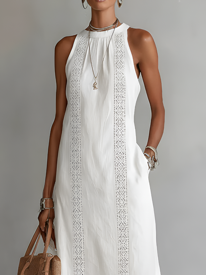 Matilde | Abito Midi in Lino con Collo Mao