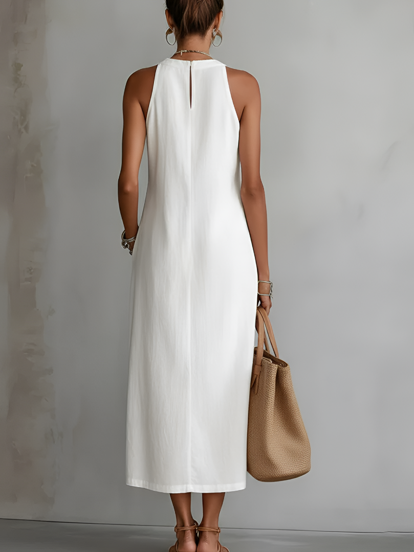 Matilde | Abito Midi in Lino con Collo Mao