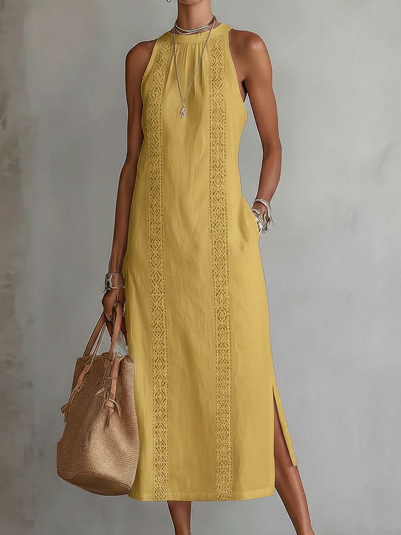 Matilde | Abito Midi in Lino con Collo Mao