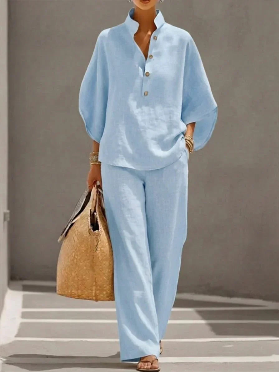 Federica™ | Completo in lino con maniche a pipistrello e pantaloni larghi