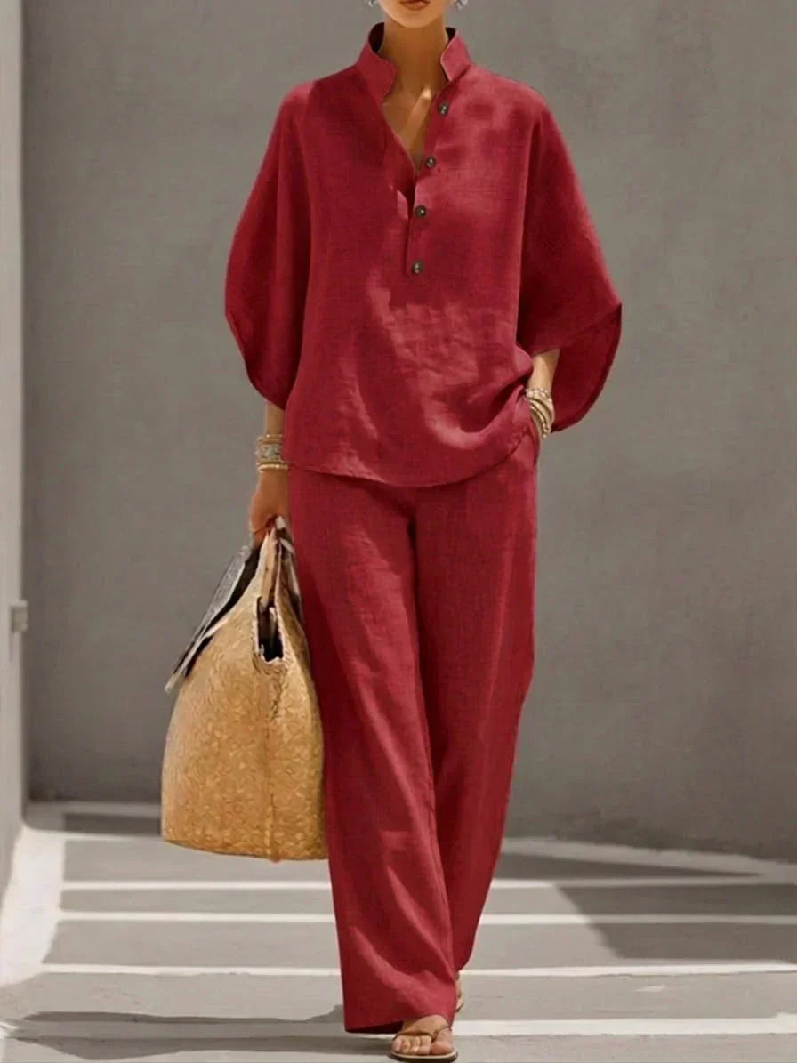 Federica™ | Completo in lino con maniche a pipistrello e pantaloni larghi