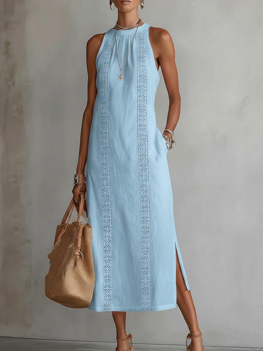 Matilde | Abito Midi in Lino con Collo Mao
