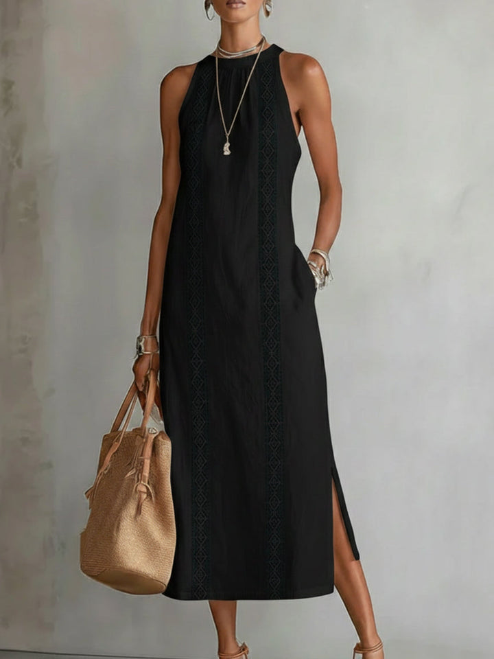 Matilde | Abito Midi in Lino con Collo Mao