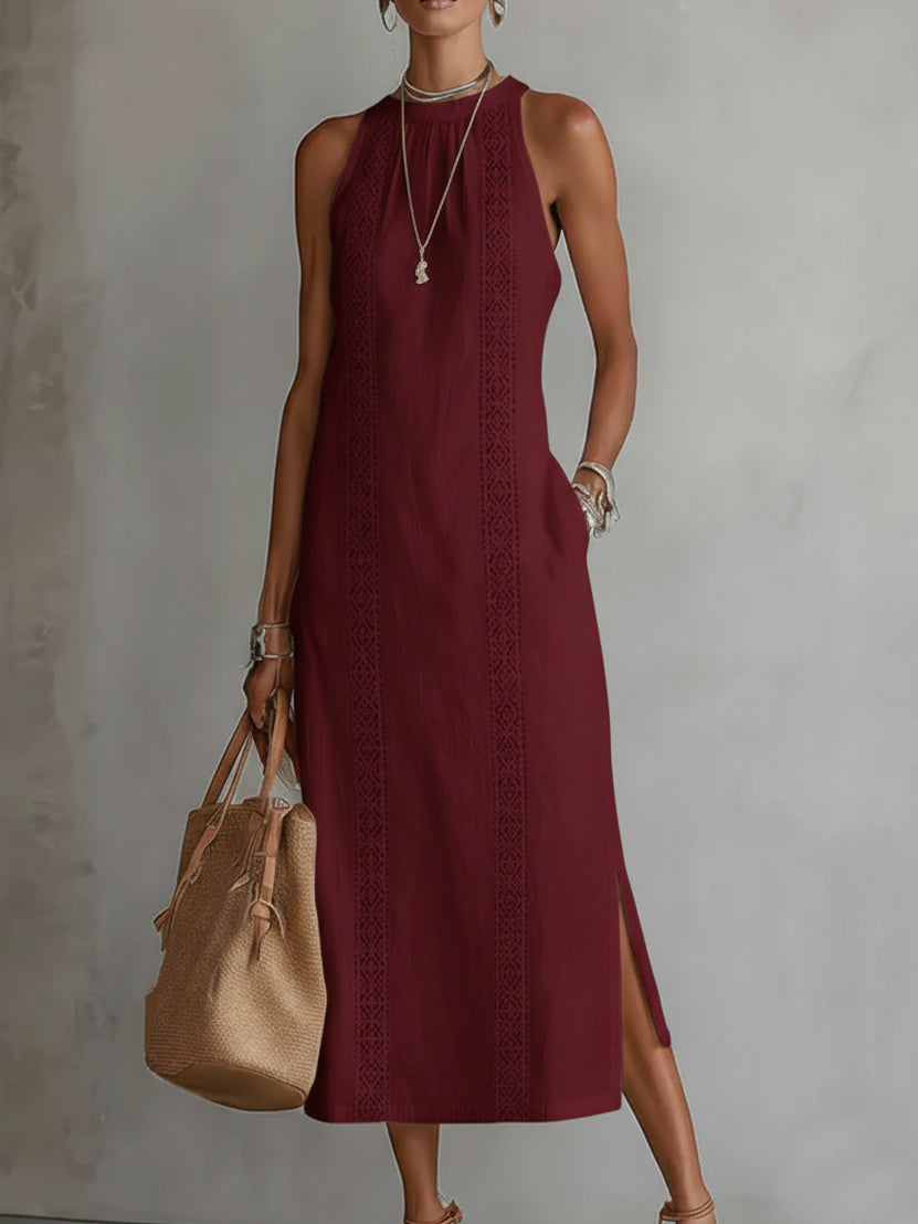 Matilde | Abito Midi in Lino con Collo Mao